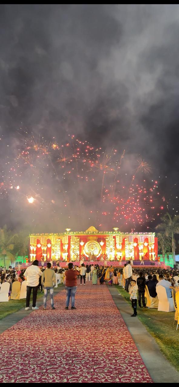 Romantic wedding fireworks display with heart-shaped bursts